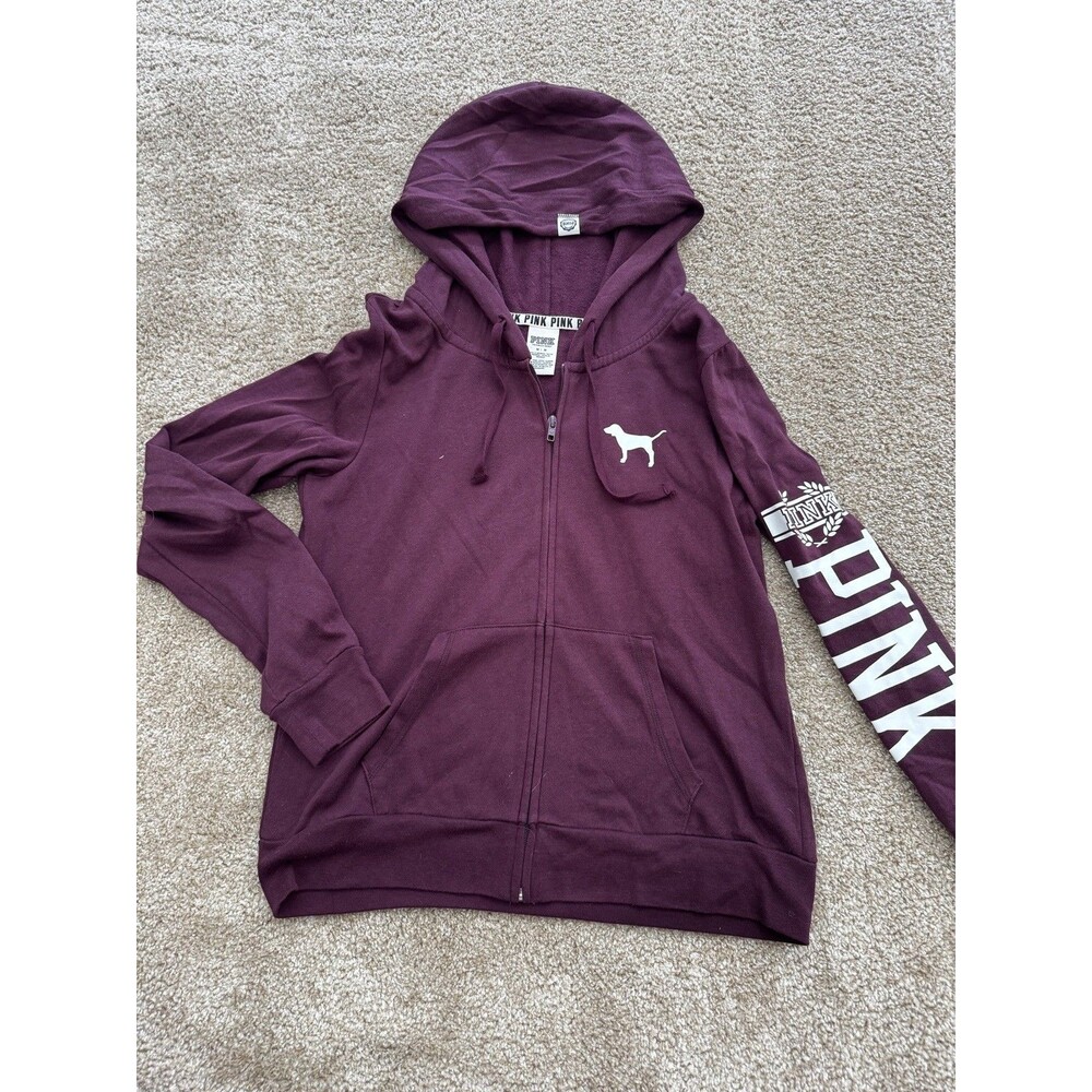 Victorias Secret PINK Hoodie Women Medium Purple Full Zip Logo Jacket Sweatshirt